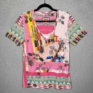 Johnny Was Top Womens S Pink Angelica Stripe Favorite Short Sleeve Tee Bamboo‎